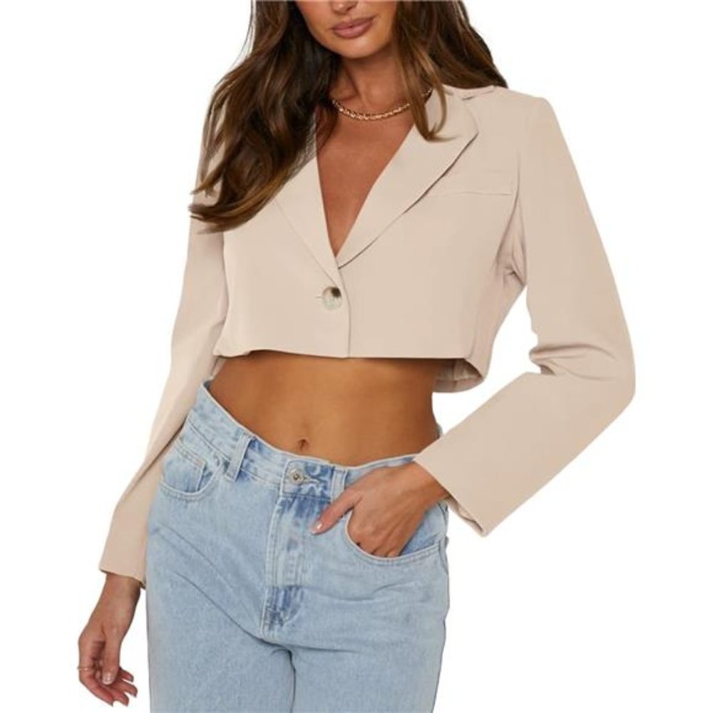 Womens Blazer Oversized Cropped Button Down Long Sleeve